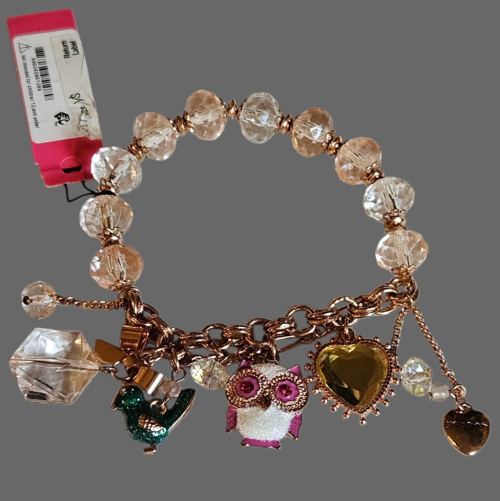 🐦🦉Betsey CRITTERS Glittery Blue Bird Pink Owl Half-Stretch Charm Bracelet NWT